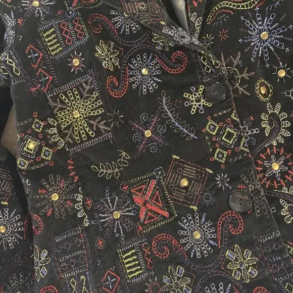 VTG Chico’s 0 Black Embroidered Suede Jacket Colorful Cotton‎ Boho Artsy Artwear - Picture 4 of 7